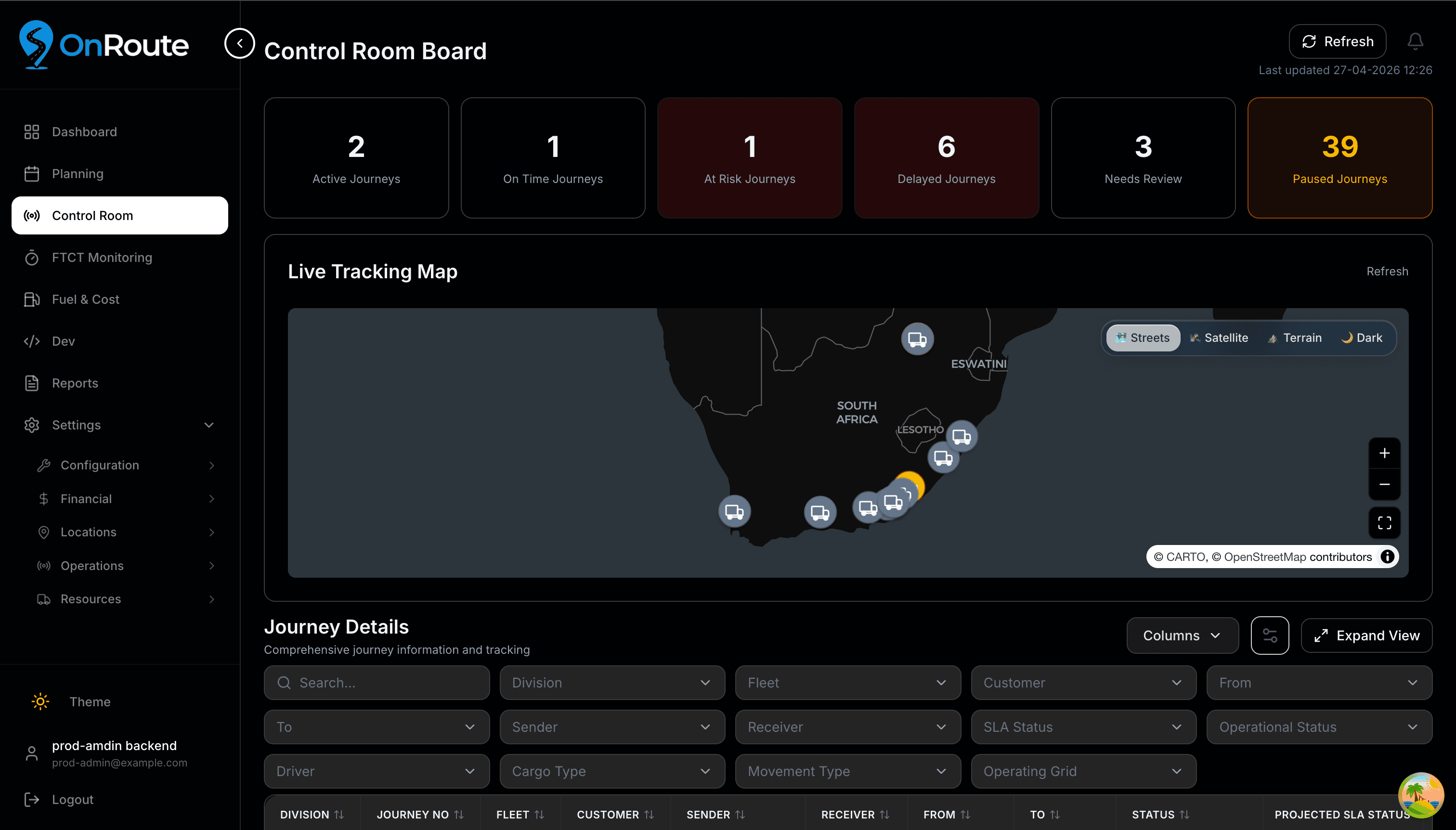OnRoute Web Control Room — live journeys, fleet map and SLA monitoring