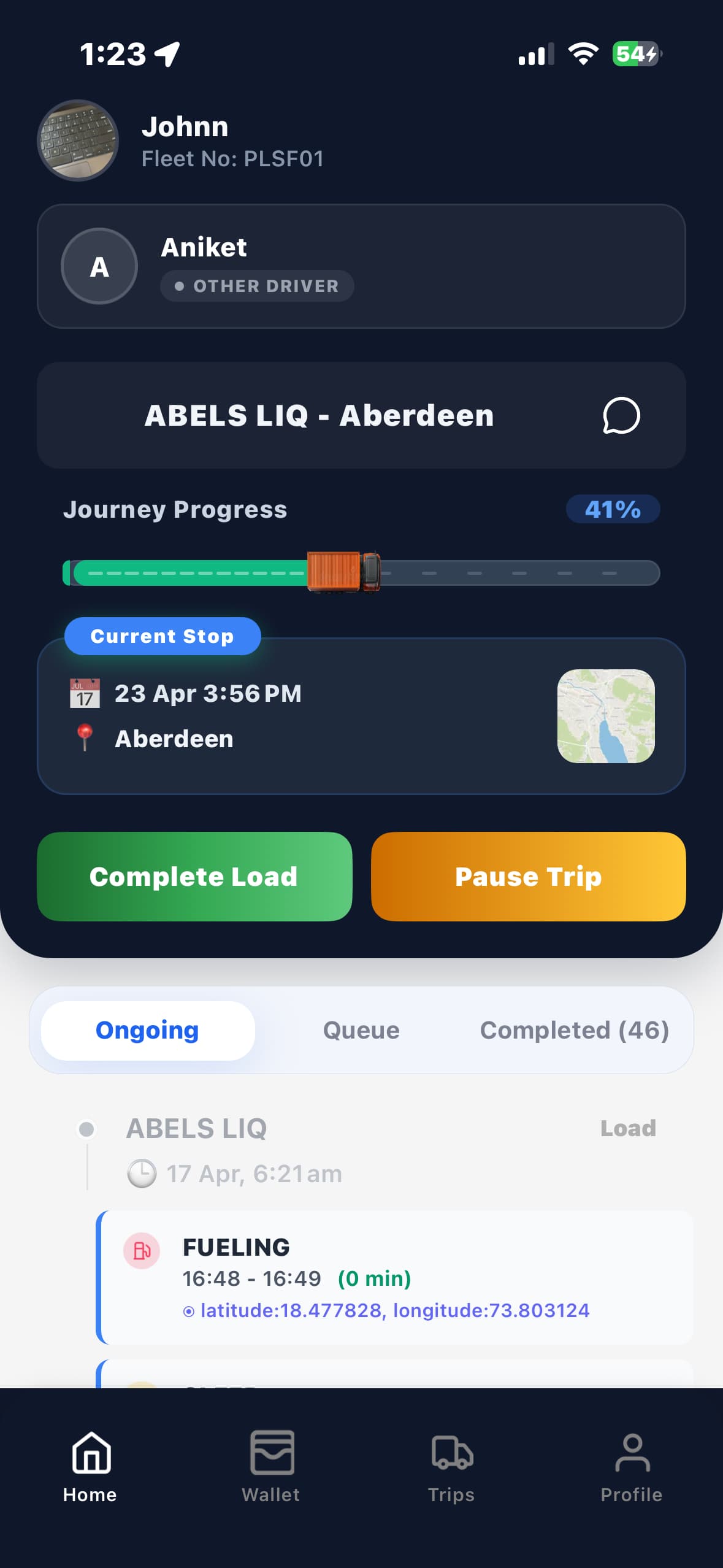 OnRoute driver app — current leg, co-driver and one-tap controls